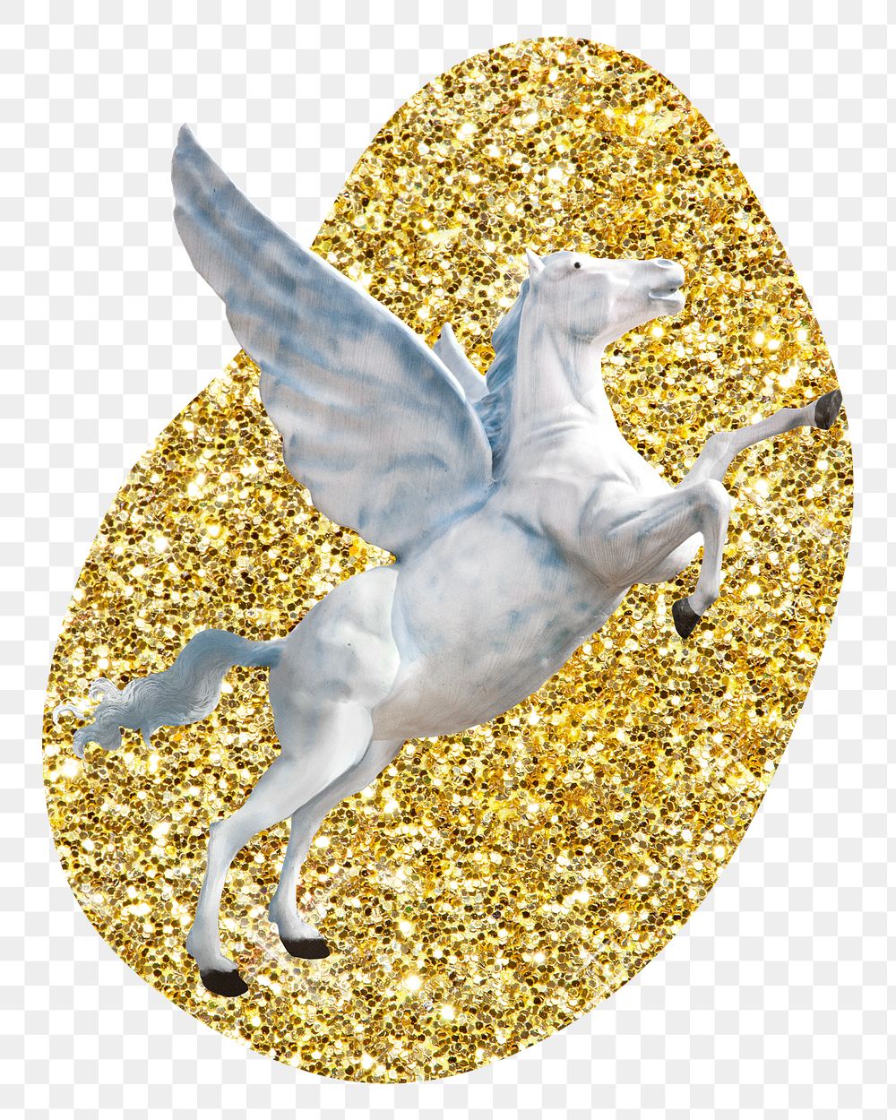 Pegasus png badge sticker, gold glitter blob shape, transparent background