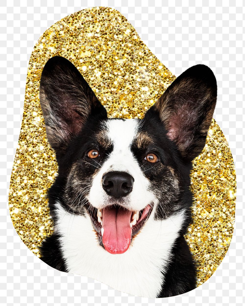 Png Welsh Corgi dog badge sticker, gold glitter blob shape, transparent background