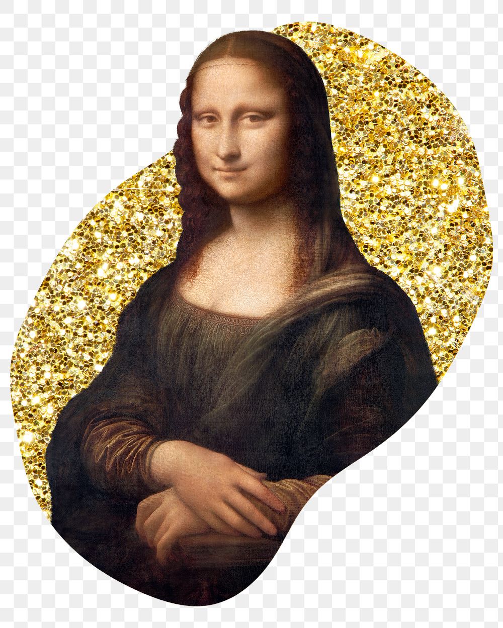Mona Lisa png badge sticker, Vinci's famous painting, gold glitter blob shape, transparent background remixed by rawpixel