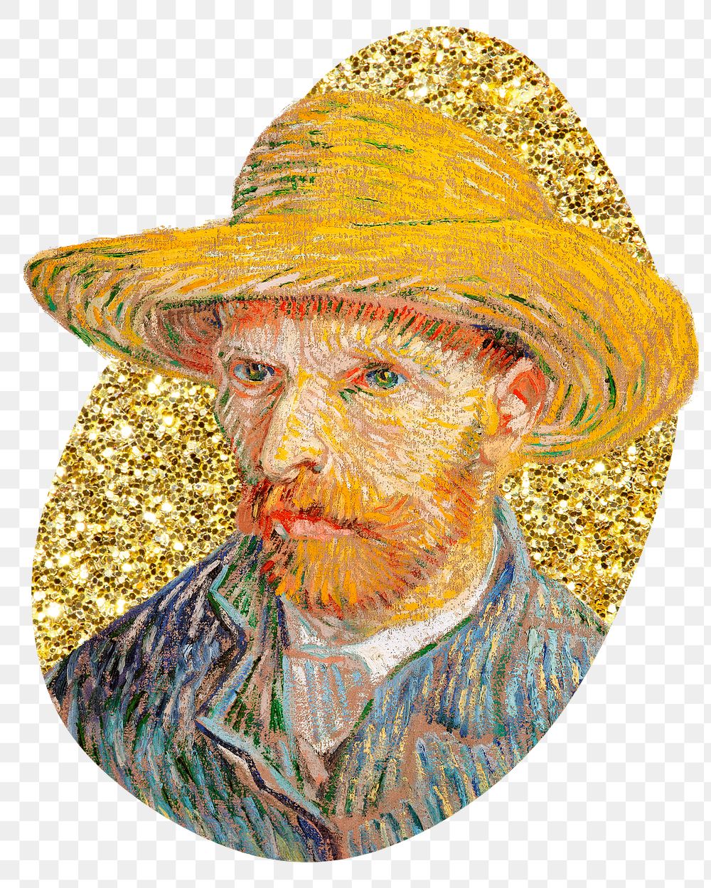 Png Van Gogh's Self-Portrait badge sticker, gold glitter blob shape, transparent background remixed by rawpixel