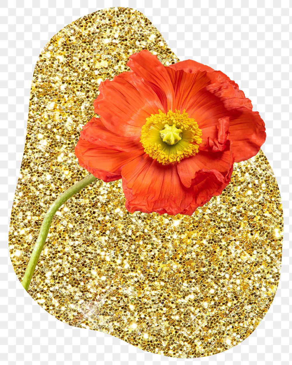 Poppy flower png badge sticker, gold glitter blob shape, transparent background