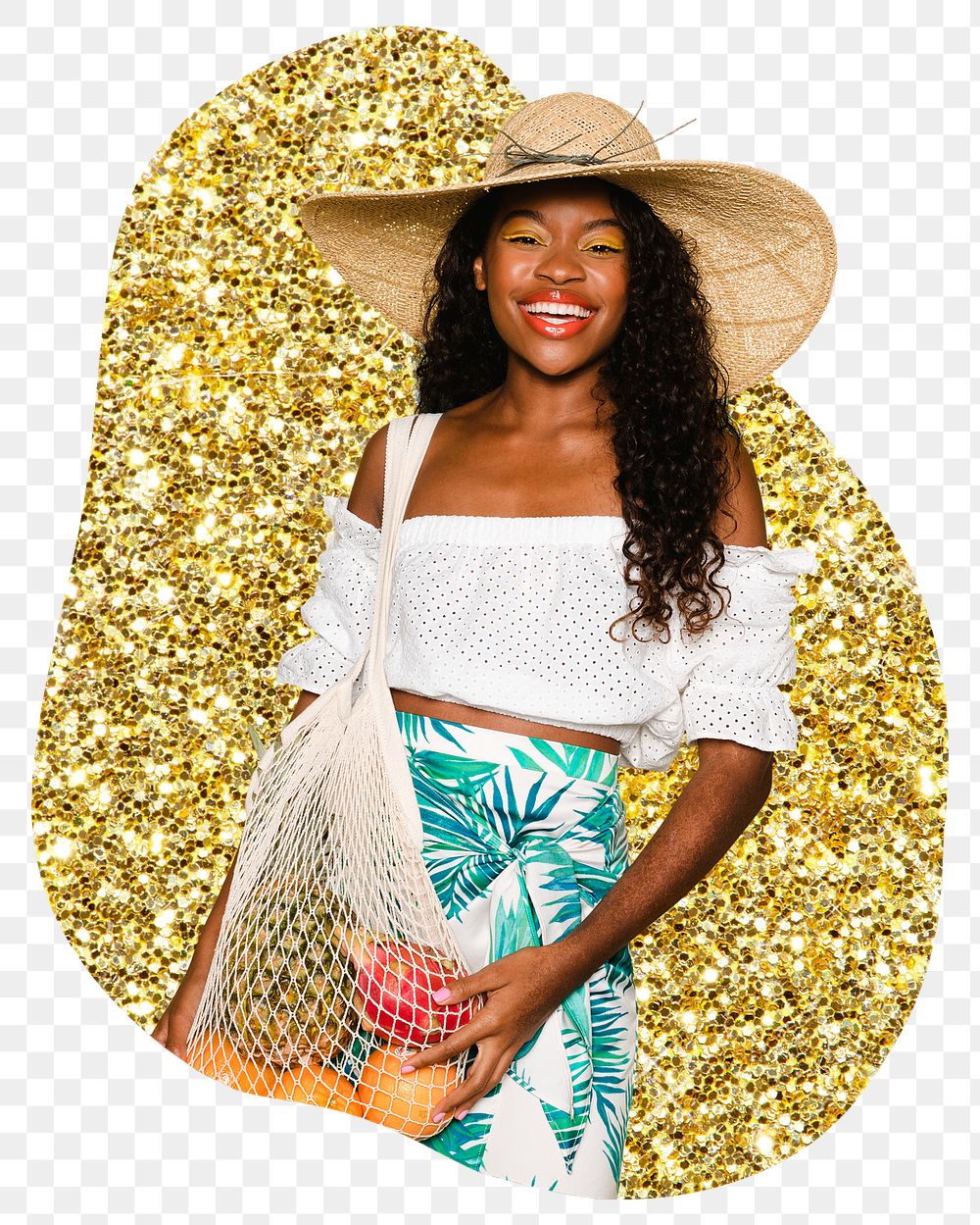 Png happy African woman sticker, gold glitter blob shape, transparent background