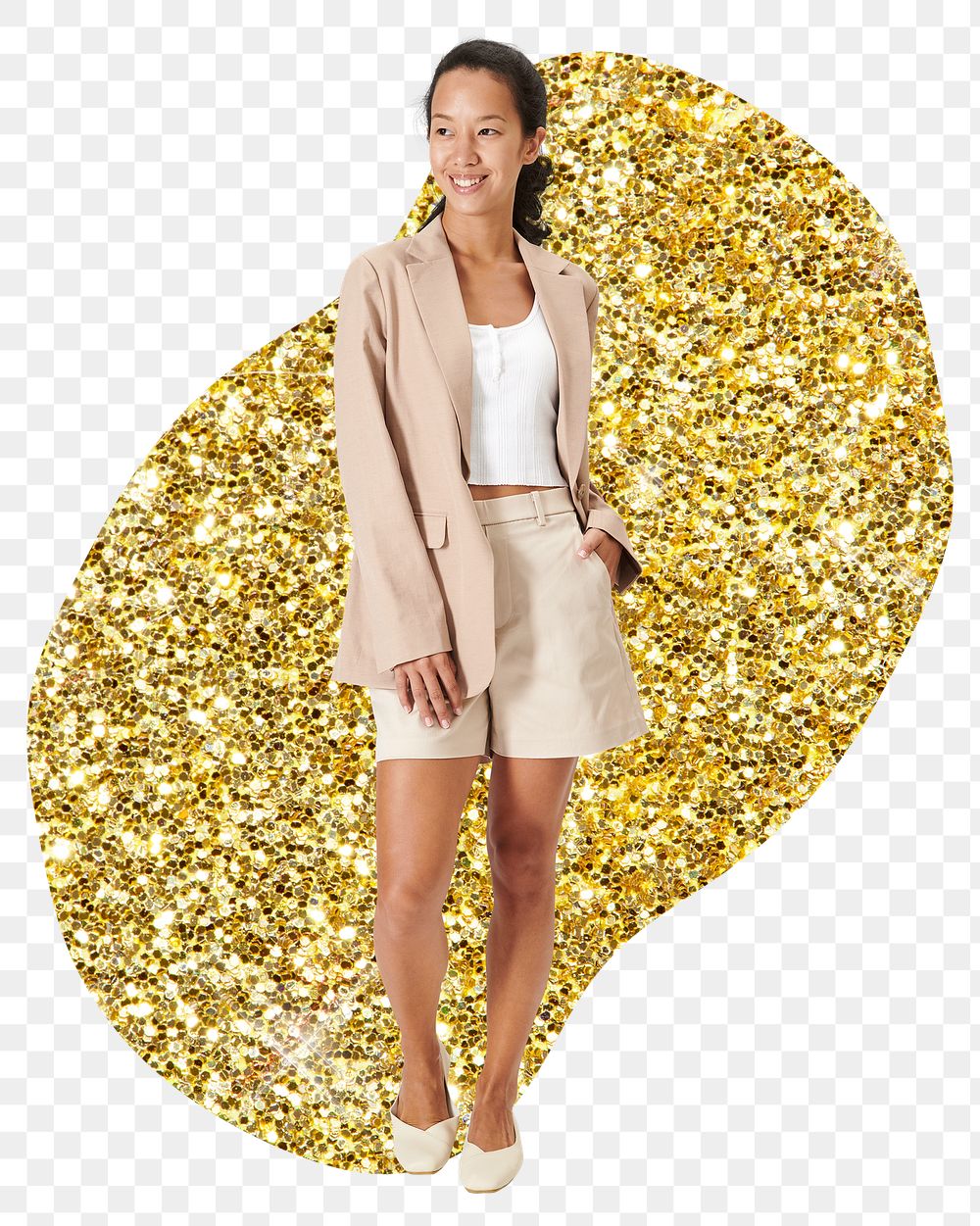 Asian businesswoman png badge sticker, gold glitter blob shape, transparent background