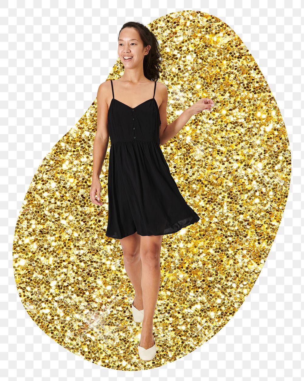Png Asian woman in black dress sticker, gold glitter blob shape, transparent background
