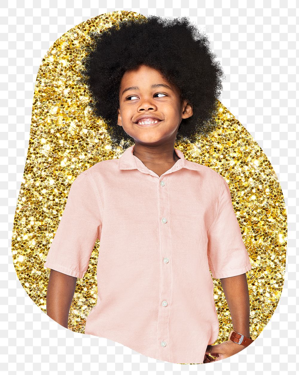 African kid png badge sticker, gold glitter blob shape, transparent background