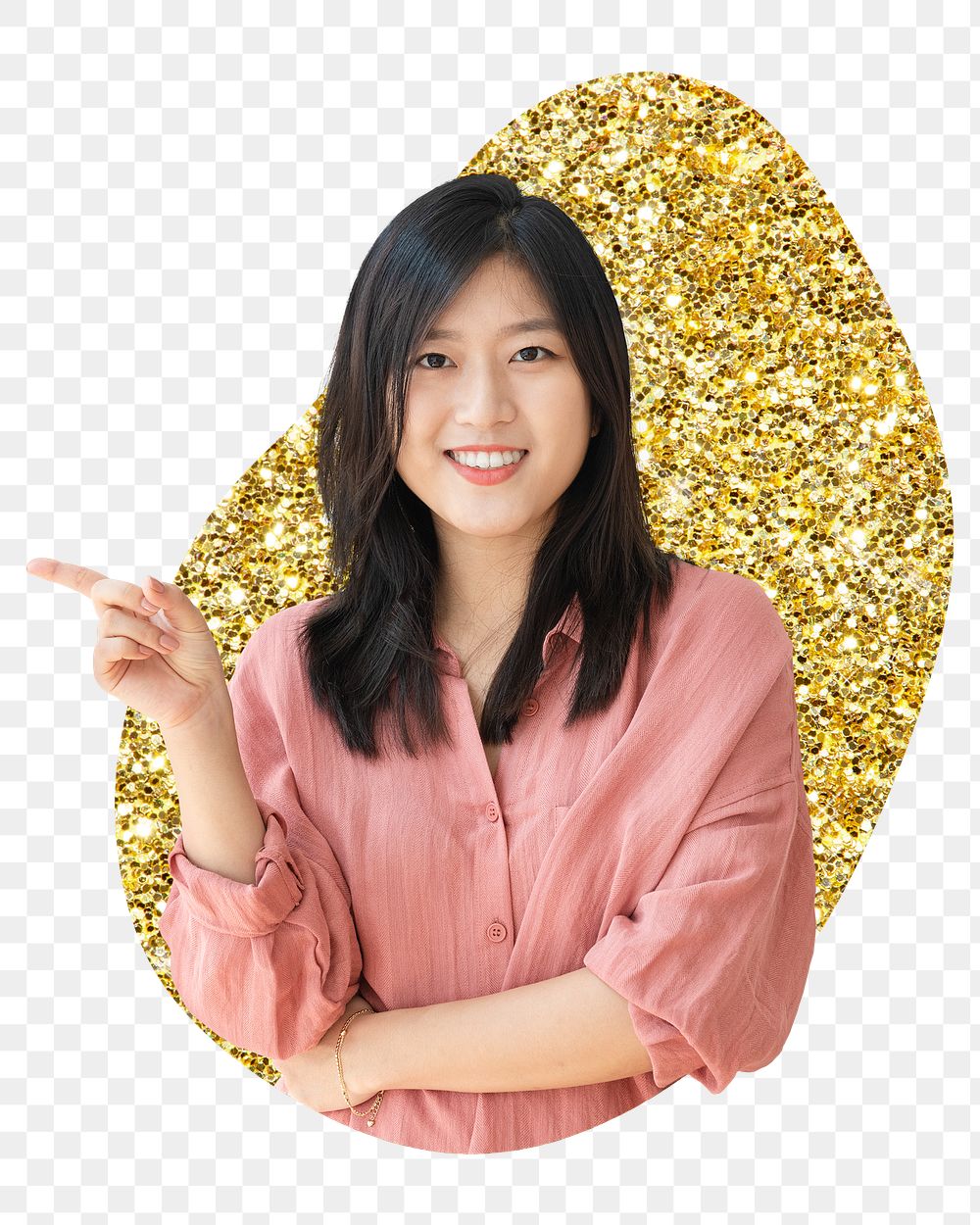 Asian woman png badge sticker, gold glitter blob shape, transparent background