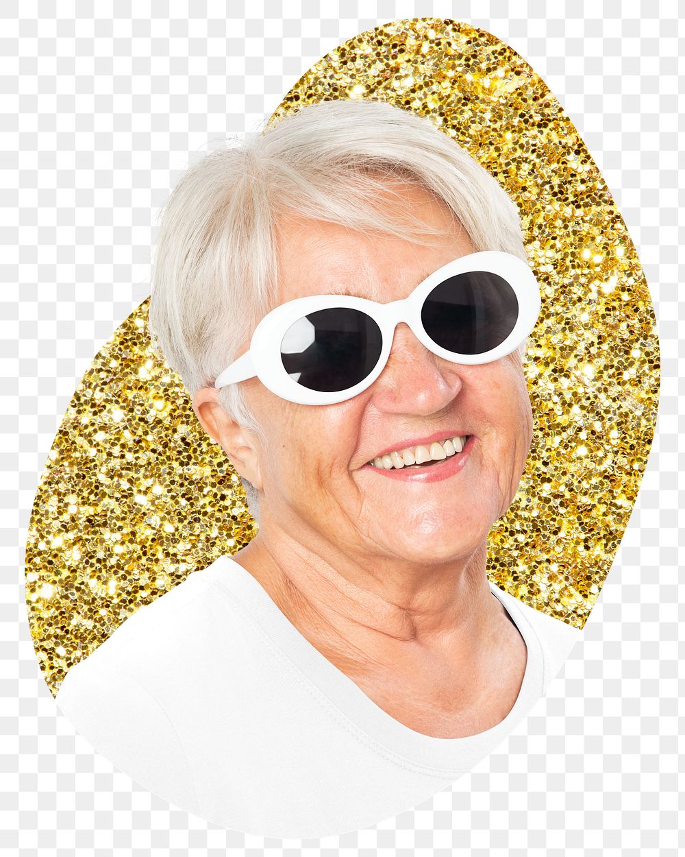 Png senior woman with sunglasses sticker, gold glitter blob shape, transparent background