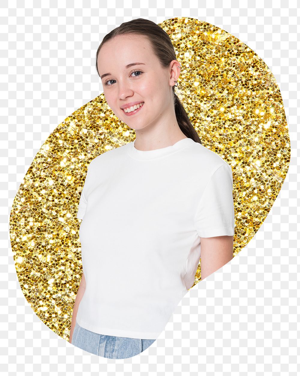 Teenage woman png sticker, gold glitter blob shape, transparent background