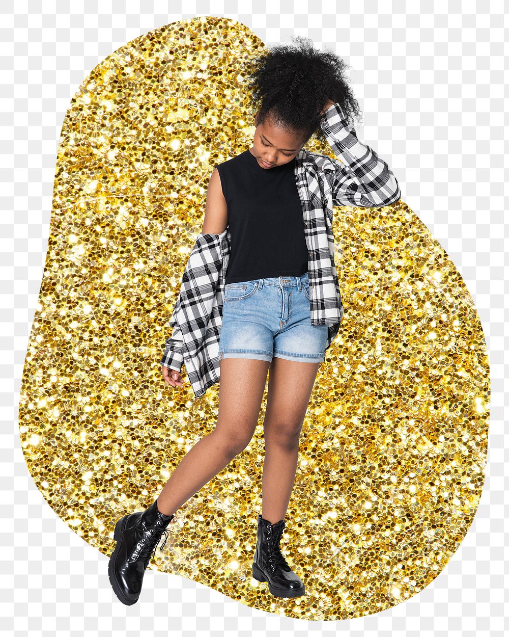 African teenager png sticker, gold glitter blob shape, transparent background