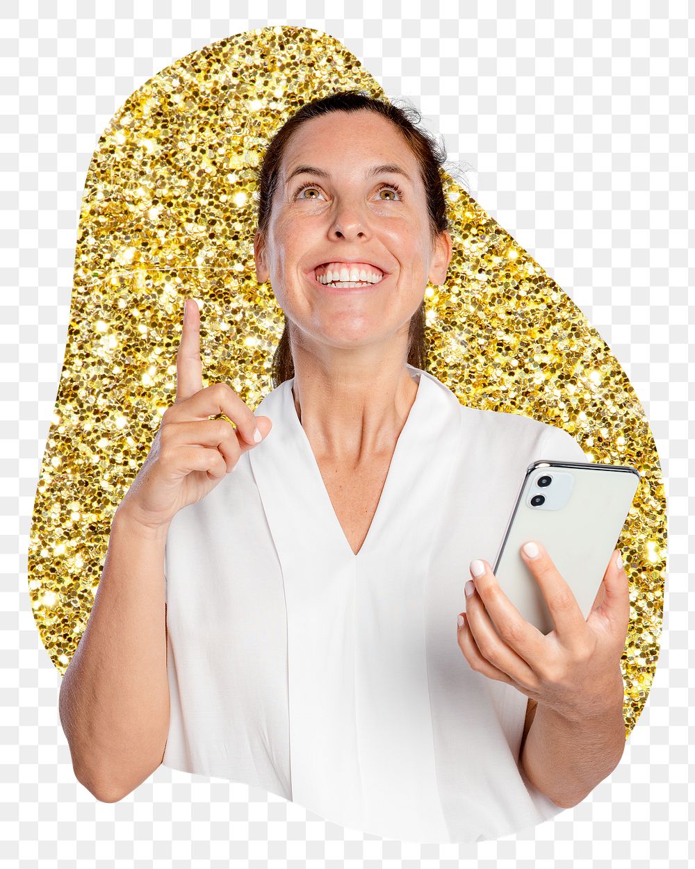 Png woman holding phone sticker, gold glitter blob shape, transparent background