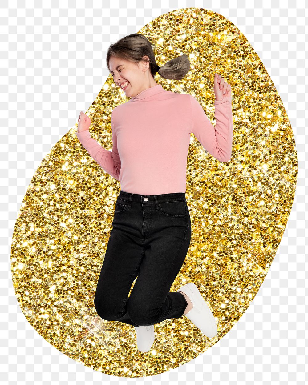 Jumping girl png sticker, gold glitter blob shape, transparent background