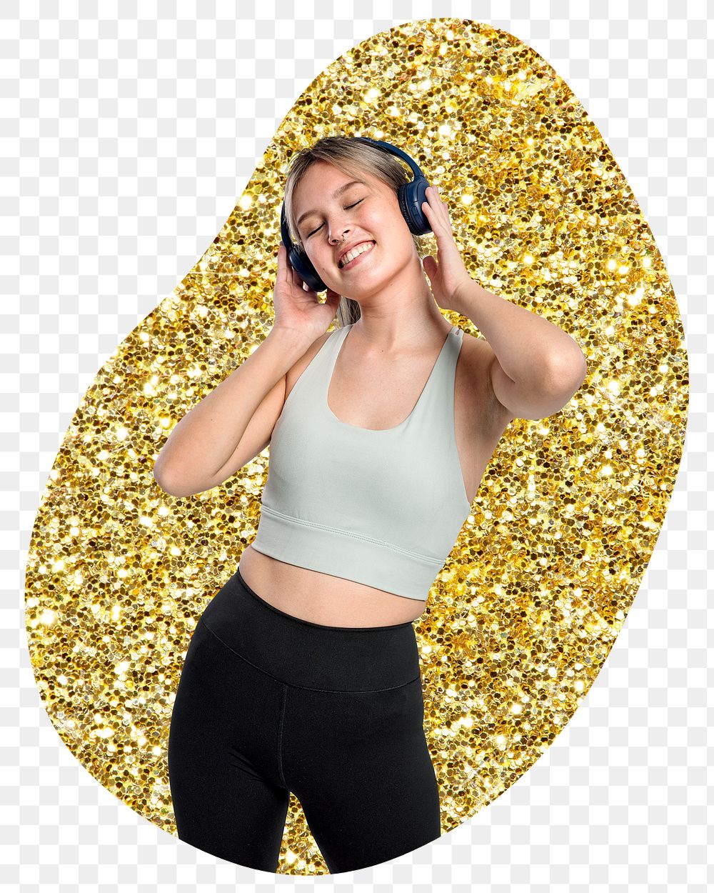Png woman enjoying music sticker, gold glitter blob shape, transparent background