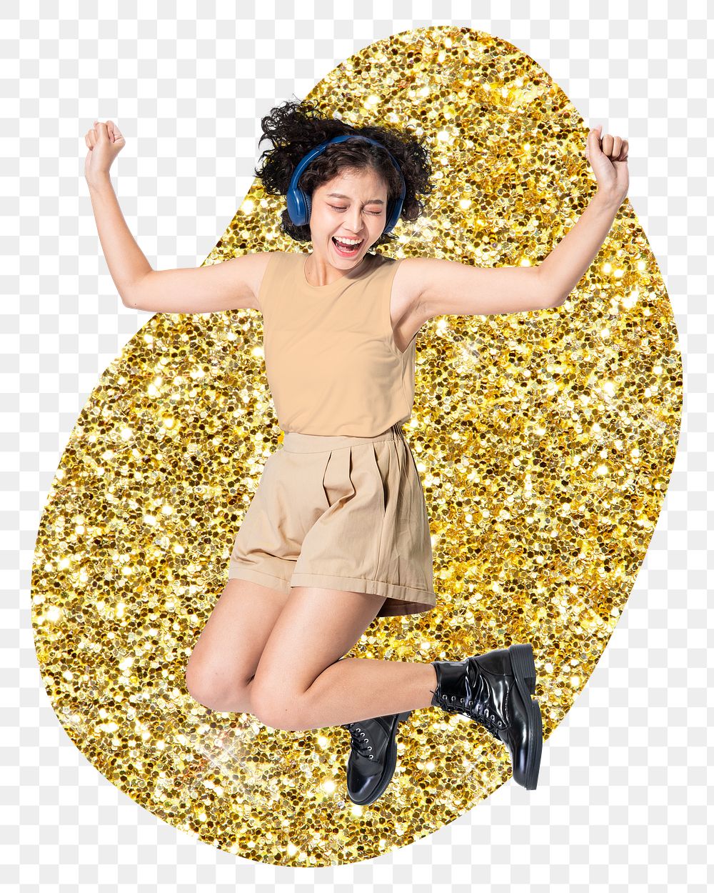 Happy woman png sticker, gold glitter blob shape, transparent background