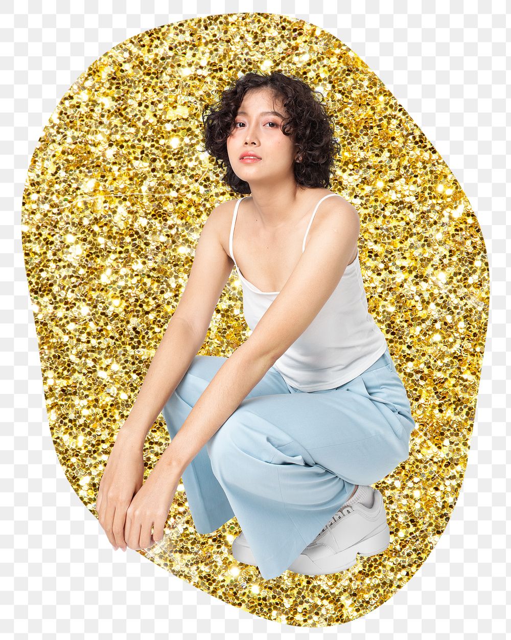 Woman sitting png sticker, gold glitter blob shape, transparent background