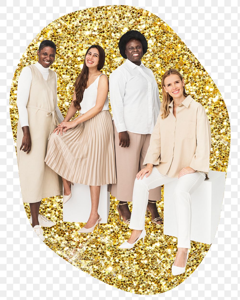 Diverse women png sticker, gold glitter blob shape, transparent background