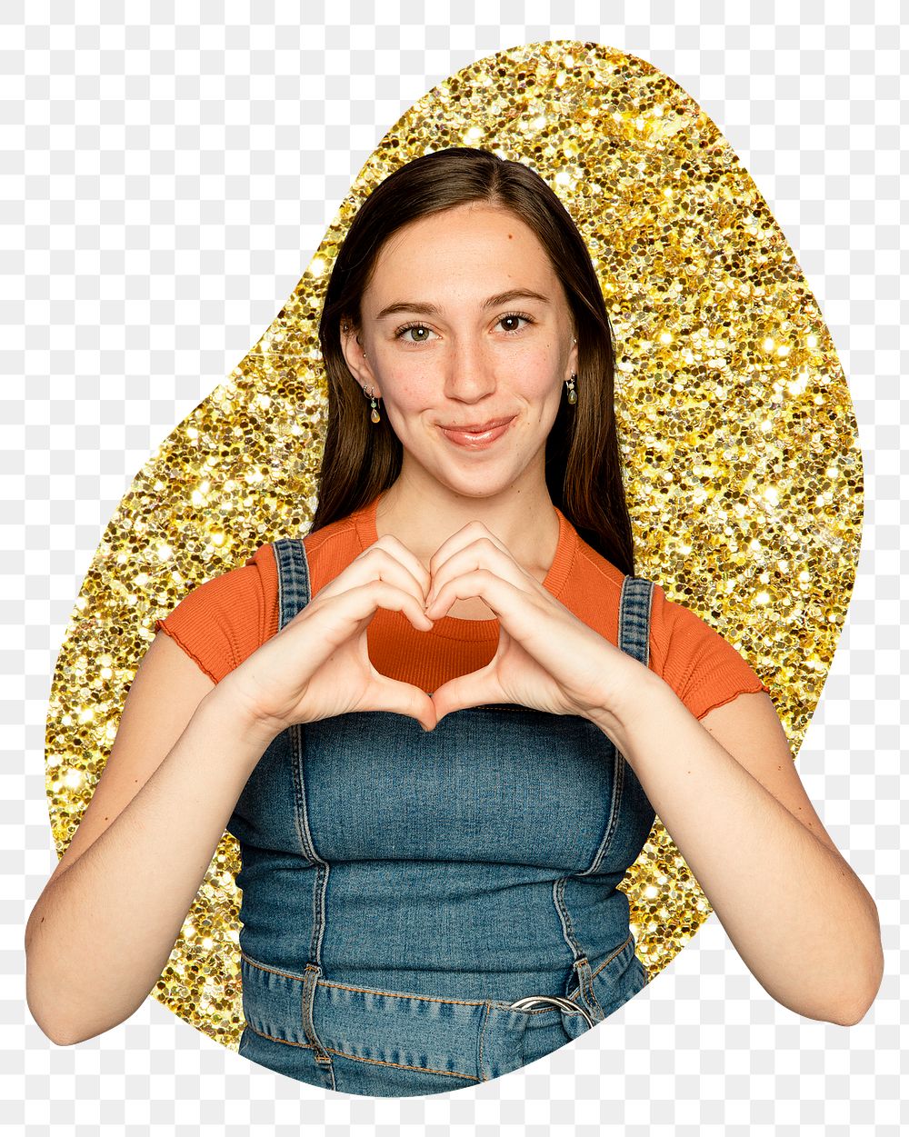 Png woman making heart hands sticker, gold glitter blob shape, transparent background
