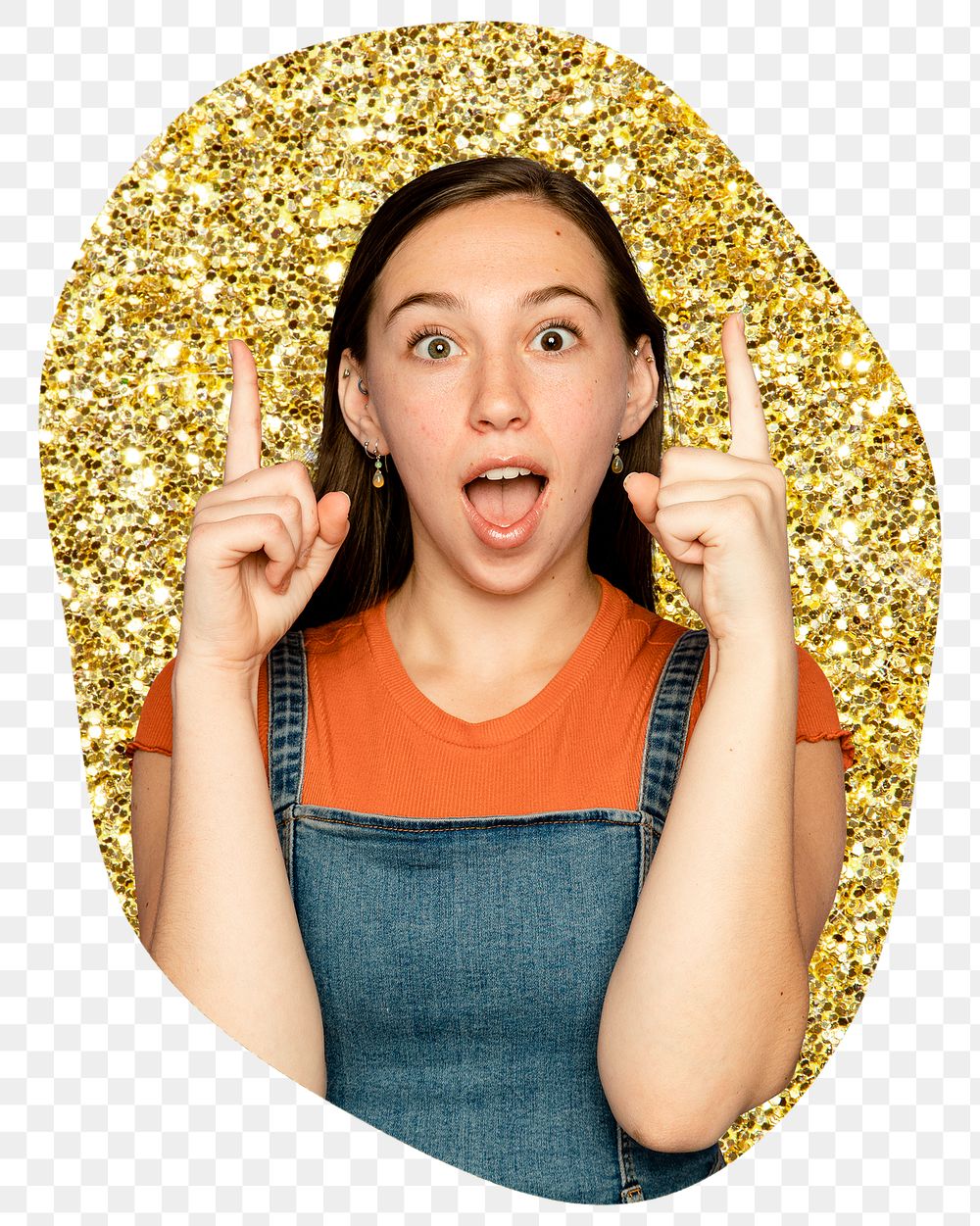 Png young woman pointing up sticker, gold glitter blob shape, transparent background