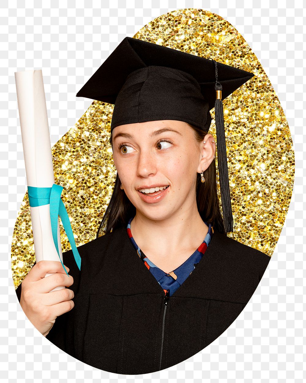 Graduate woman png sticker, eucation, gold glitter blob shape, transparent background