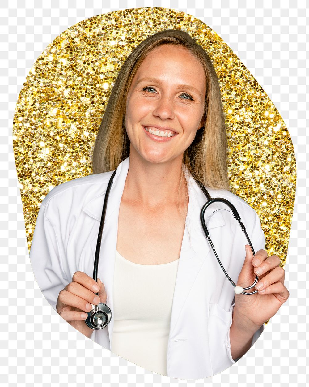 Female doctor png badge sticker, gold glitter blob shape, transparent background
