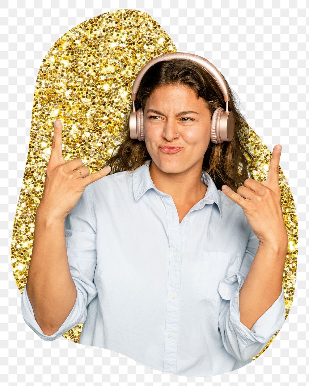 Png woman listening to music sticker, gold glitter blob shape, transparent background