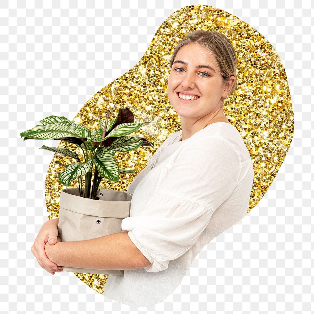 Png woman holding plant sticker, gold glitter blob shape, transparent background
