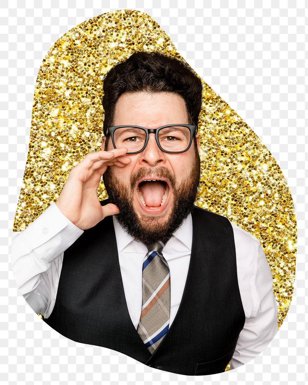 Businessman screaming png badge sticker, gold glitter blob shape, transparent background