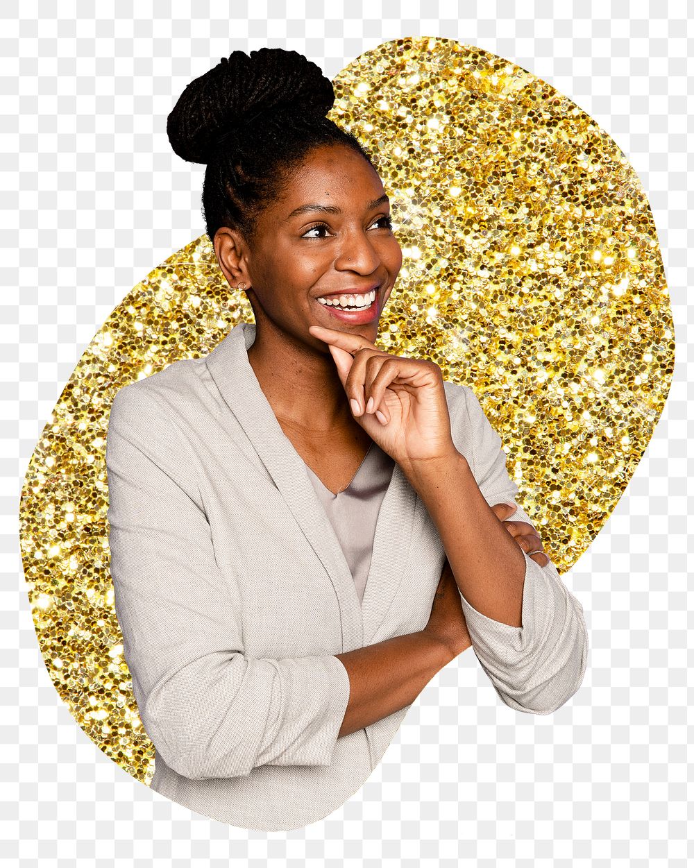 African businesswoman png badge sticker, gold glitter blob shape, transparent background