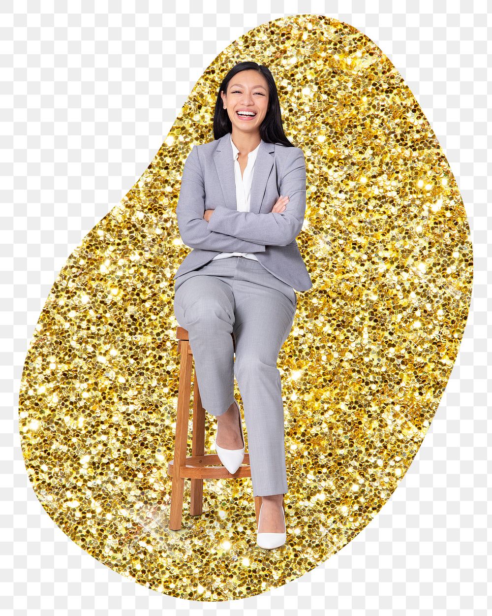Businesswoman sitting png badge sticker, gold glitter blob shape, transparent background