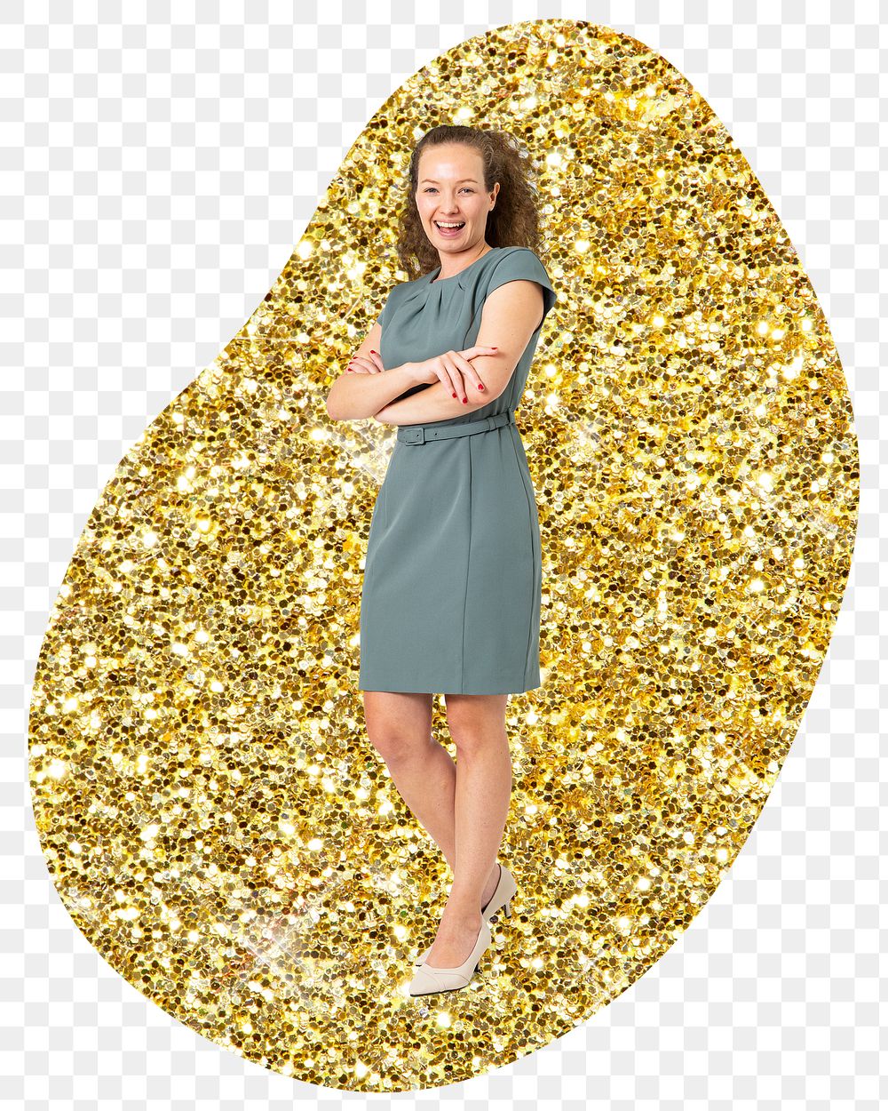 Businesswoman standing png badge sticker, gold glitter blob shape, transparent background