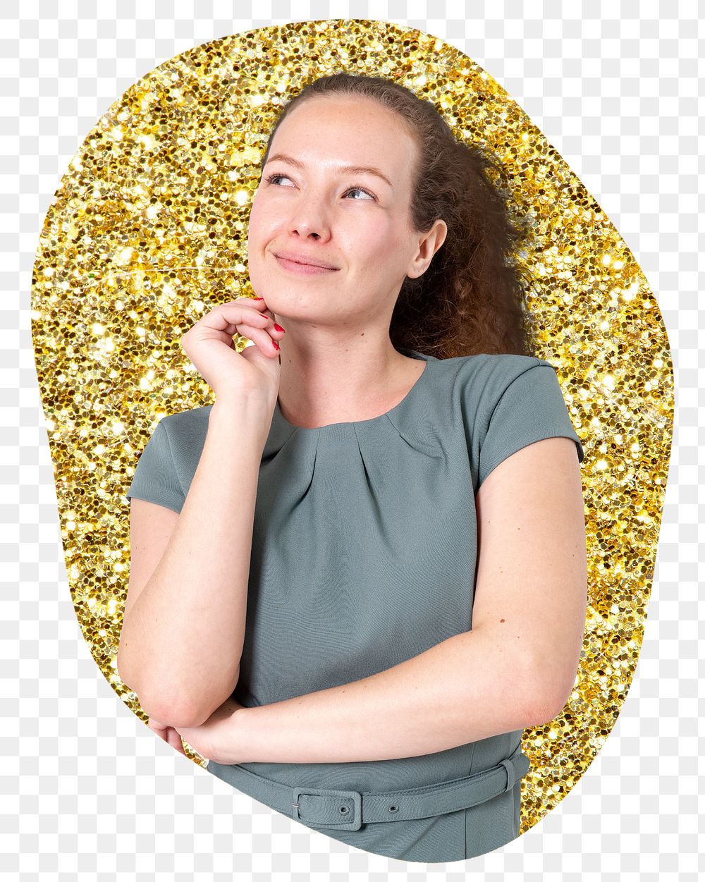 Businesswoman thinking png badge sticker, gold glitter blob shape, transparent background