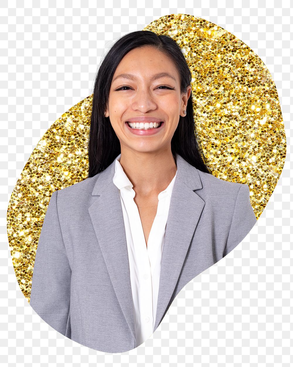 Smiling businesswoman png badge sticker, gold glitter blob shape, transparent background