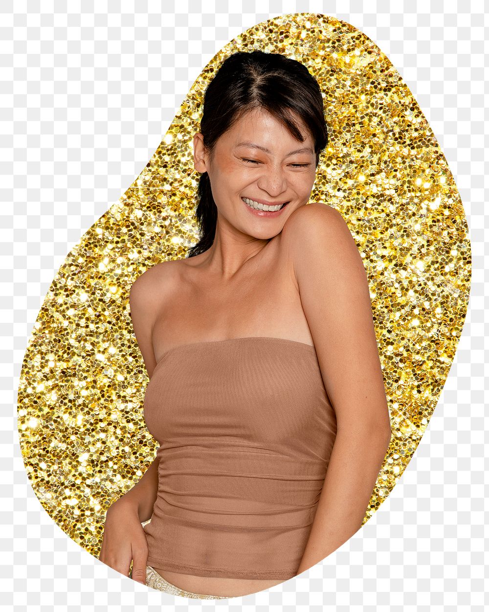 Joyful woman png sticker, gold glitter blob shape, transparent background