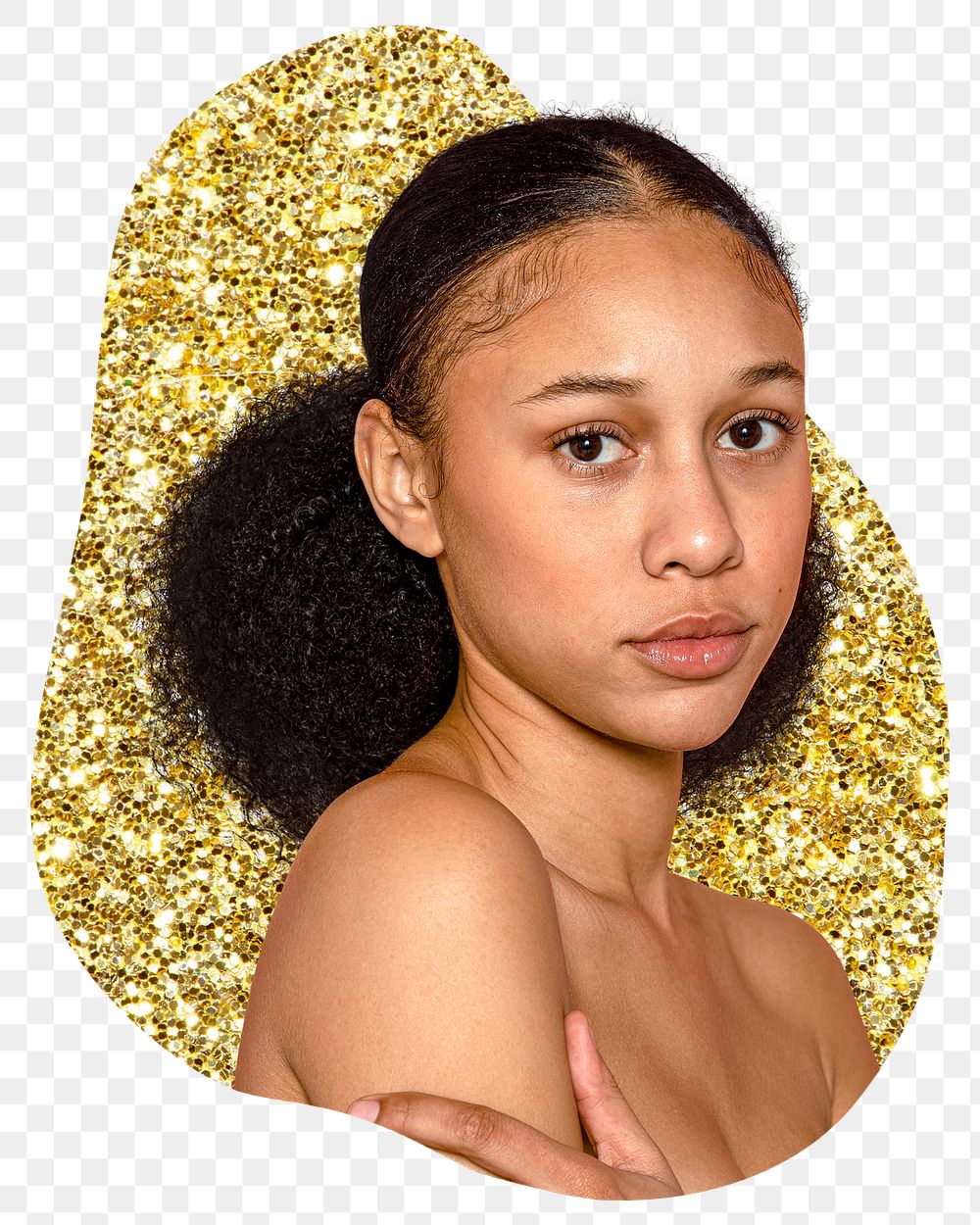 Young woman png sticker, gold glitter blob shape, transparent background