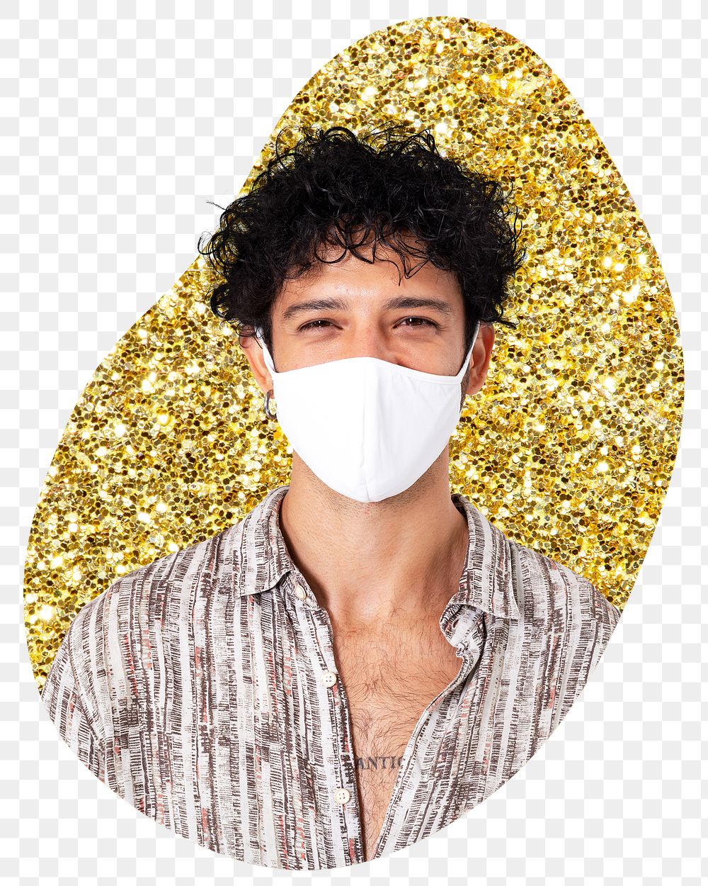 Png man wearing mask badge sticker, gold glitter blob shape, transparent background