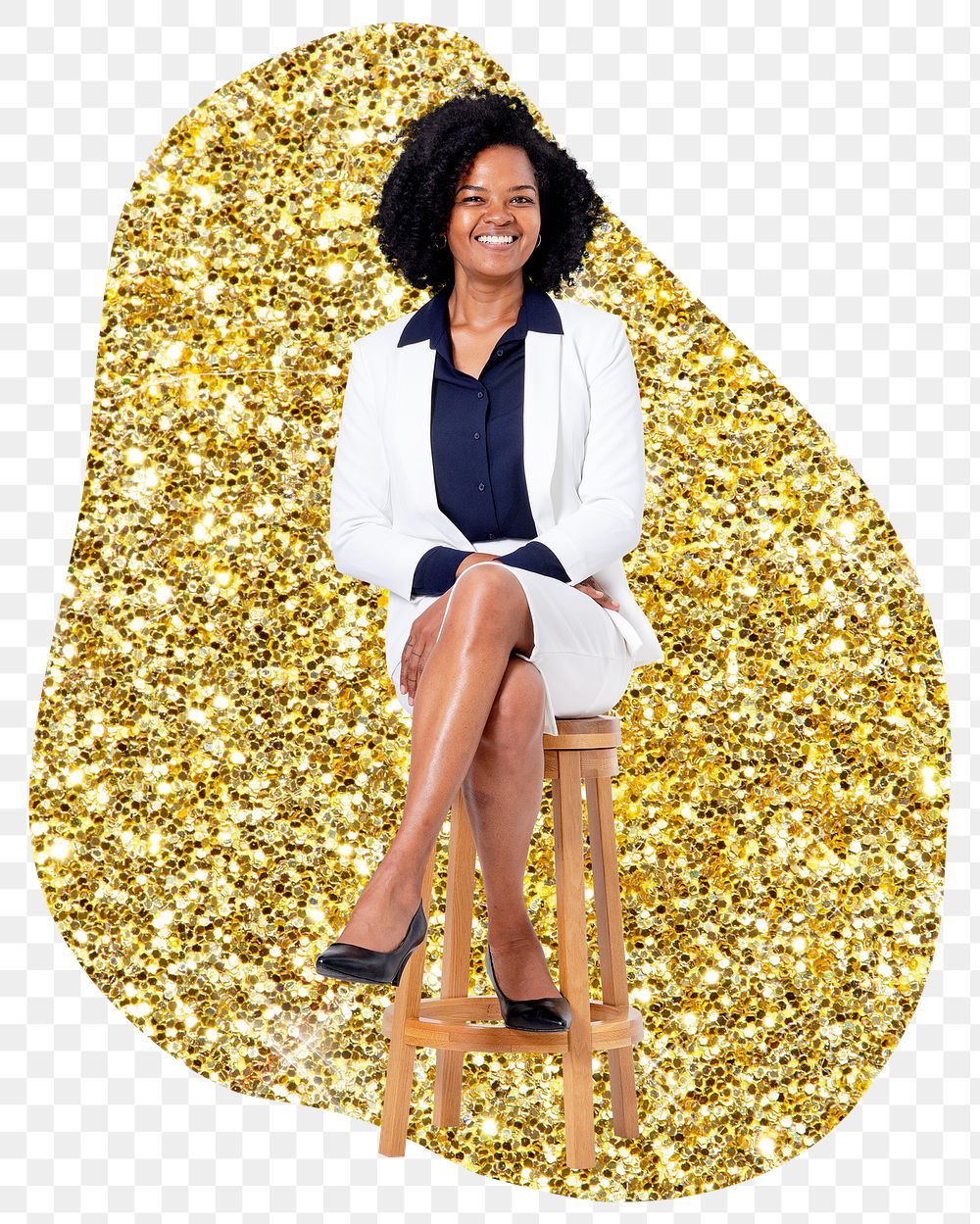 Confident businesswoman png badge sticker, gold glitter blob shape, transparent background