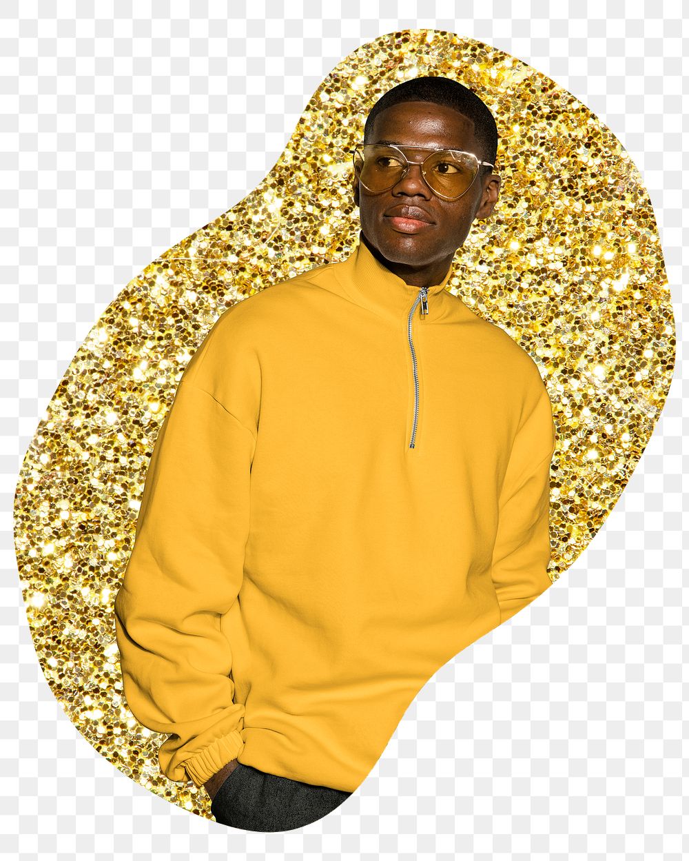 African man png sticker, fashion gold glitter blob shape, transparent background