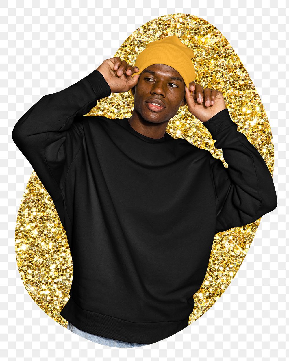 Png man wearing beanie sticker, gold glitter blob shape, transparent background
