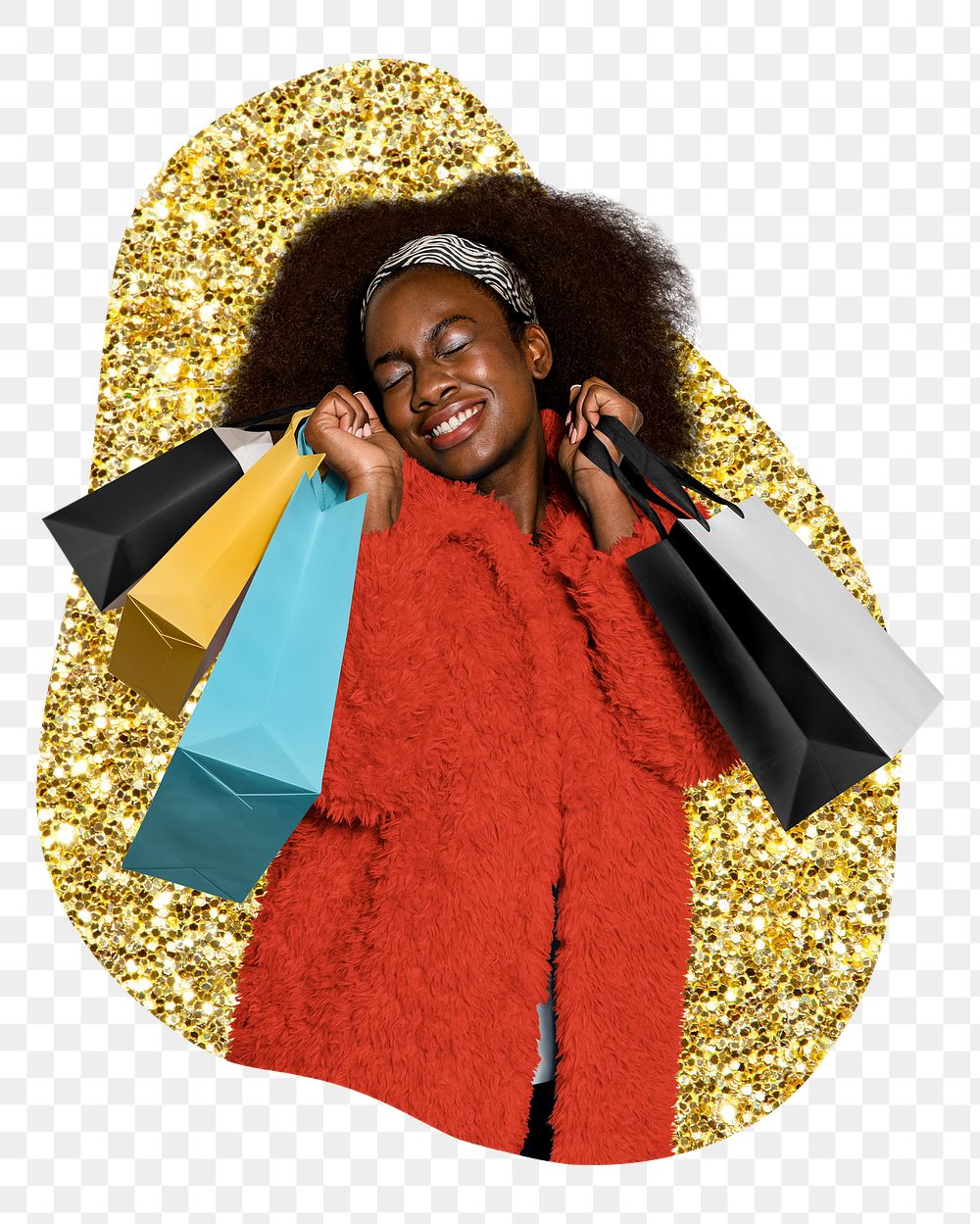 Woman shopping png sticker, gold glitter blob shape, transparent background