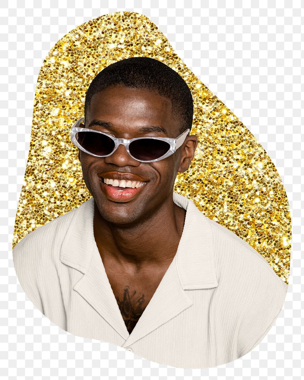 Png African man with shades sticker, gold glitter blob shape, transparent background