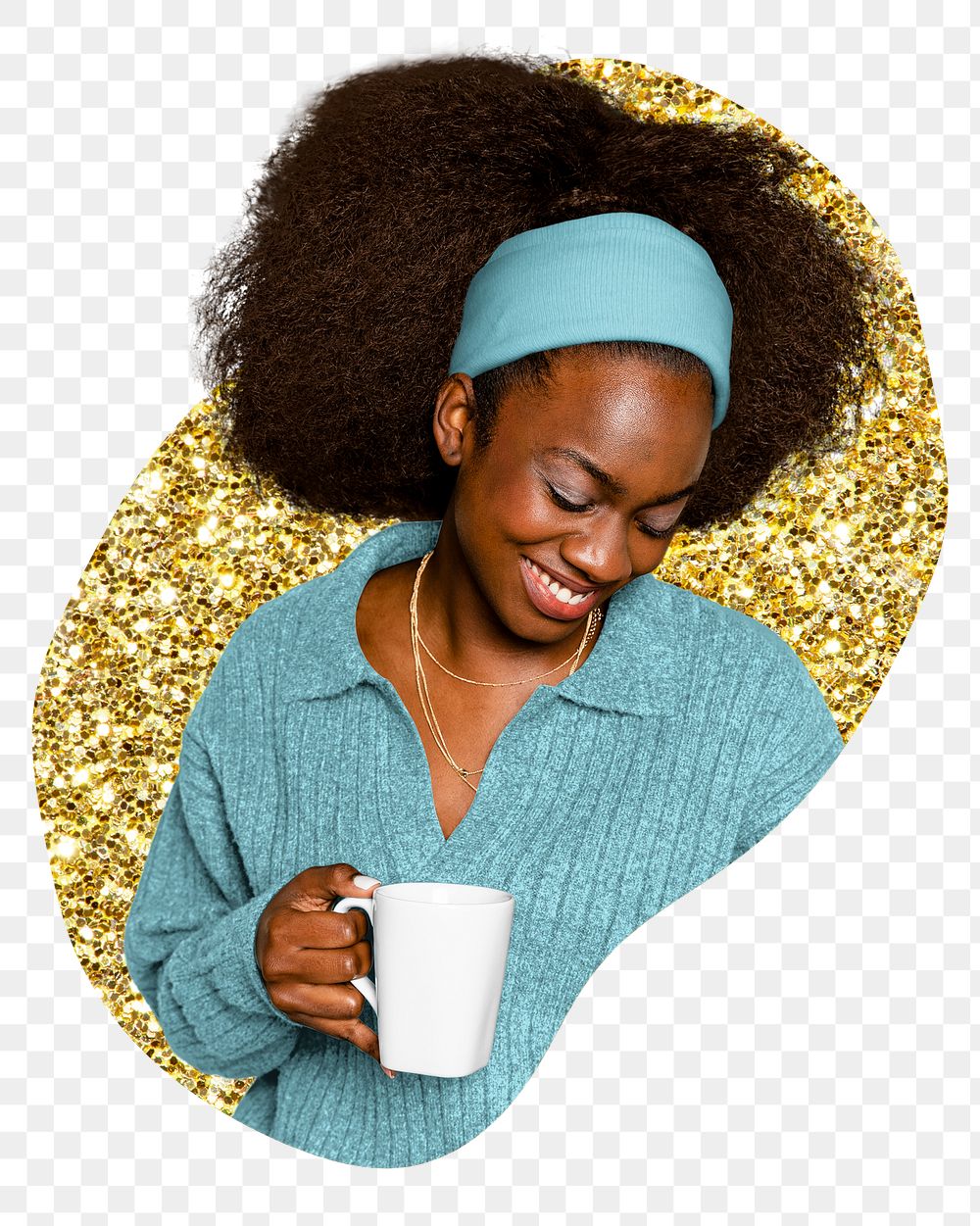 Png woman drinking coffee sticker, gold glitter blob shape, transparent background