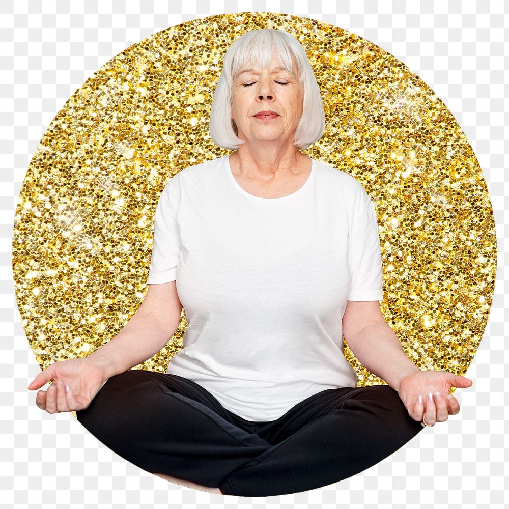 Png senior woman meditating badge sticker, gold glitter circle shape, transparent background