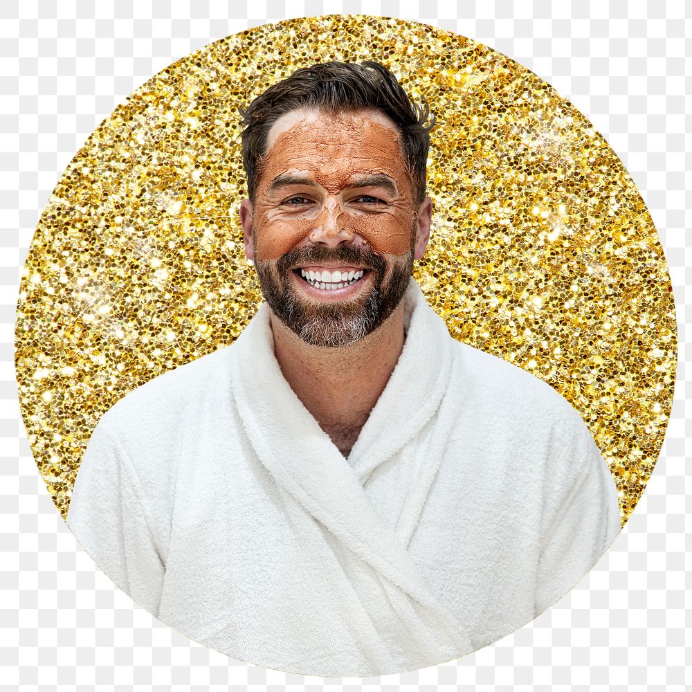 Man in spa png badge sticker, gold glitter circle shape, transparent background