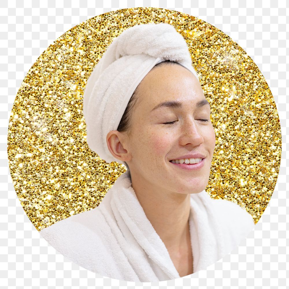 Woman in spa png badge sticker, gold glitter circle shape, transparent background