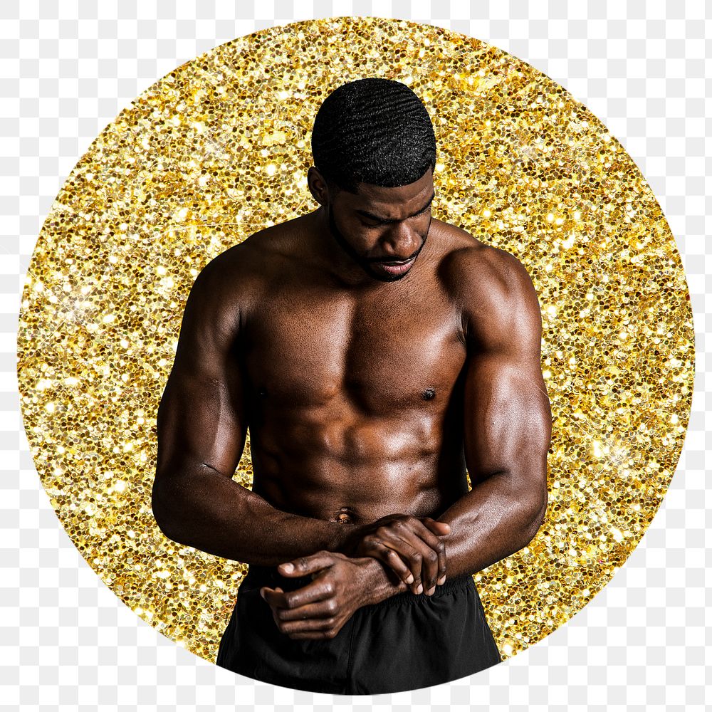 Png muscular topless man badge sticker, gold glitter circle shape, transparent background