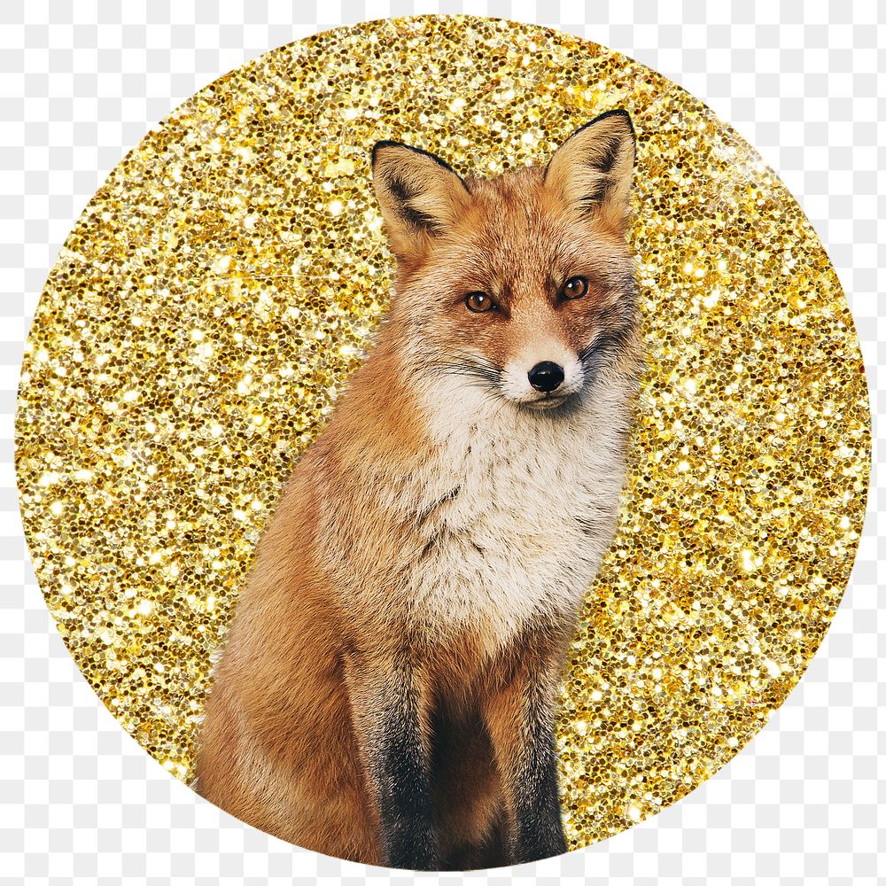 Fox png badge sticker, gold glitter circle shape, transparent background