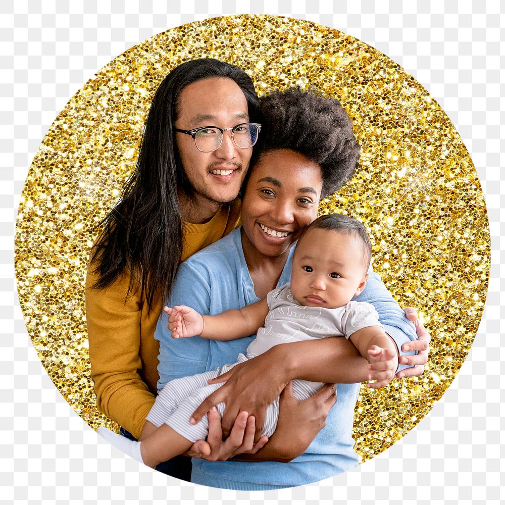 Cute family png badge sticker, gold glitter circle shape, transparent background