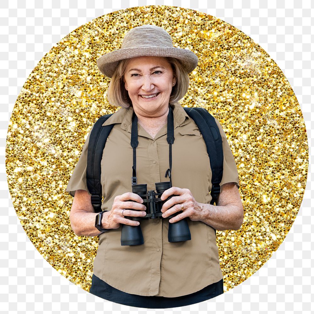 Woman adventurer png badge sticker, gold glitter circle shape, transparent background