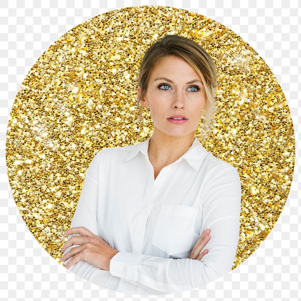 Businesswoman png badge sticker, gold glitter circle shape, transparent background