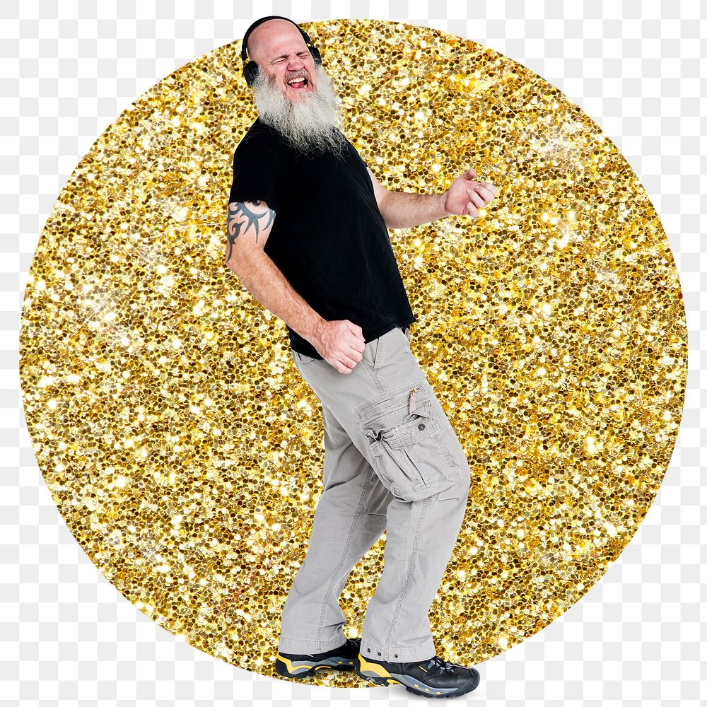 Png bearded man enjoying music badge sticker, gold glitter circle shape, transparent background