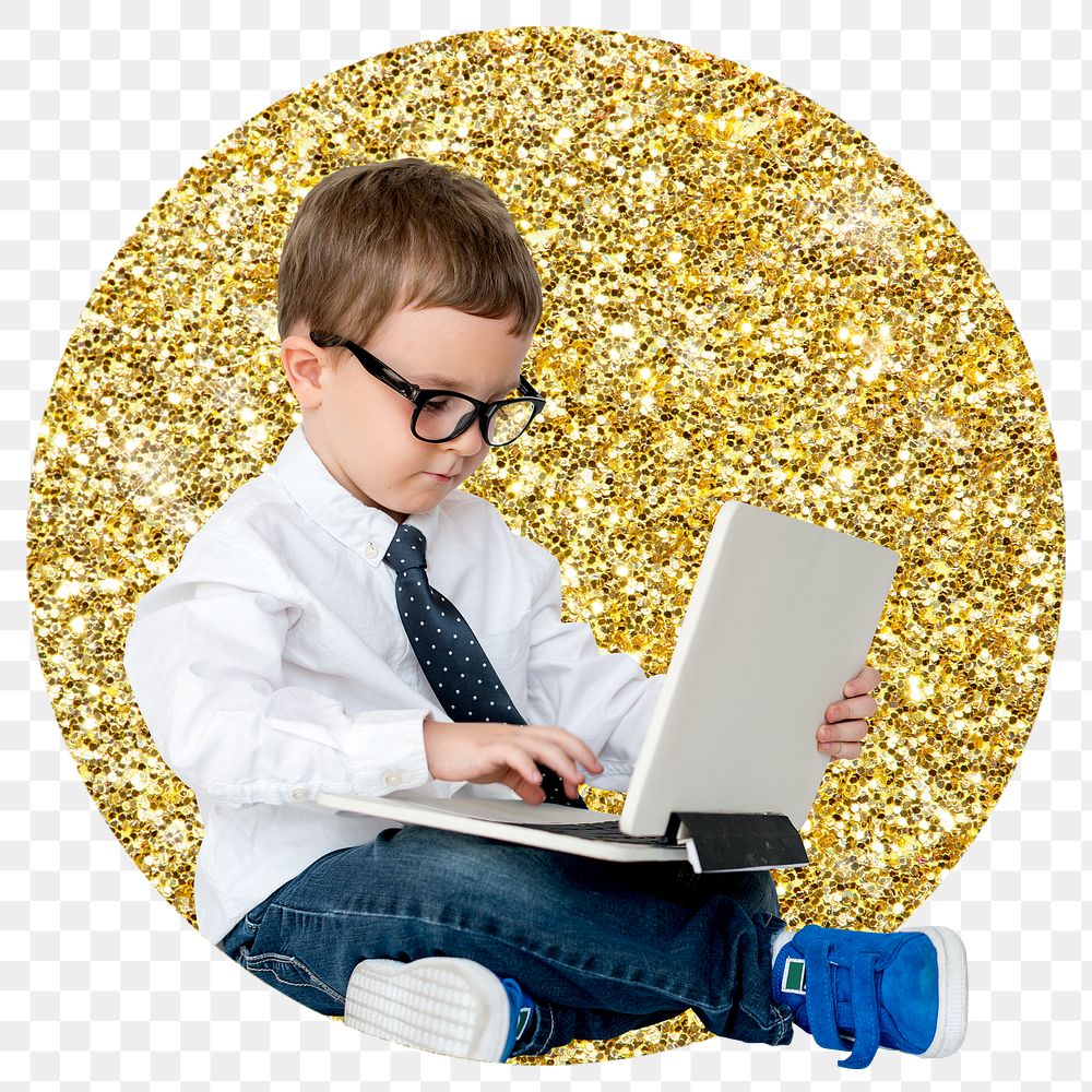 Png kid using laptop badge sticker, gold glitter circle shape, transparent background